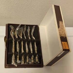 Vintage Set Of 6‎ Brass Bamboo Design Cocktail Fork Set Boxed Thailand 4.5" MCM